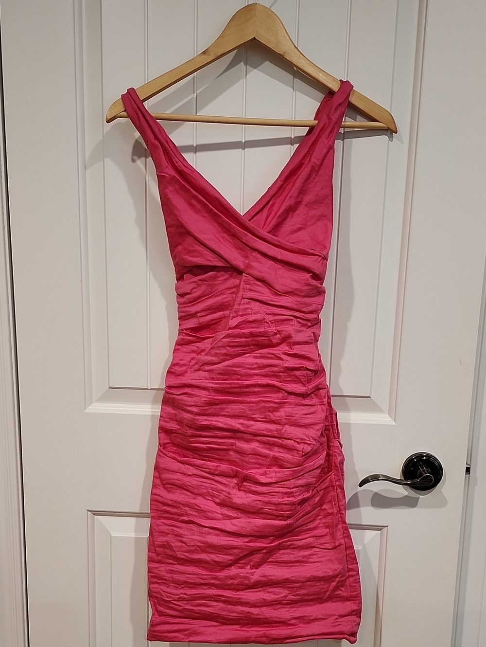 Nicole Miller Fuchsia Ruched V-Neck Mini Dress